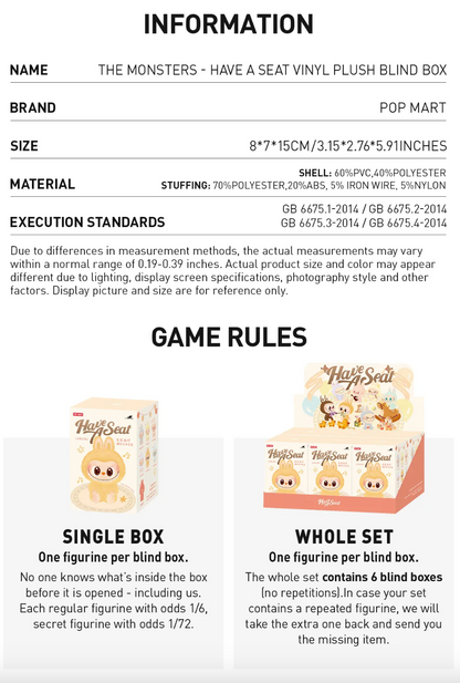 THE MONSTERS Have A Seat Series-Vinyl Labubu Plush Pendant Blind Box
